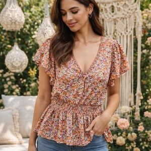 Max Studio Orange Pink Floral Peplum Blouse | V-Neck Smocked Waist Boho